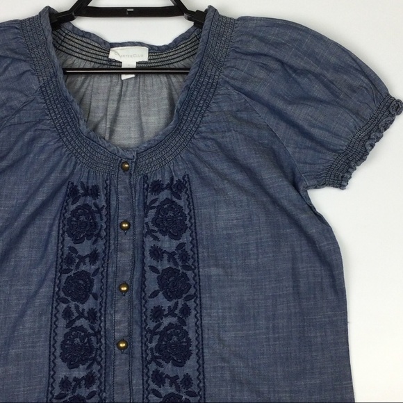 Charter Club Button Up Tunic Shirt Embroidered Flowers Ruffled Blue Women's 4 - Picture 4 of 9